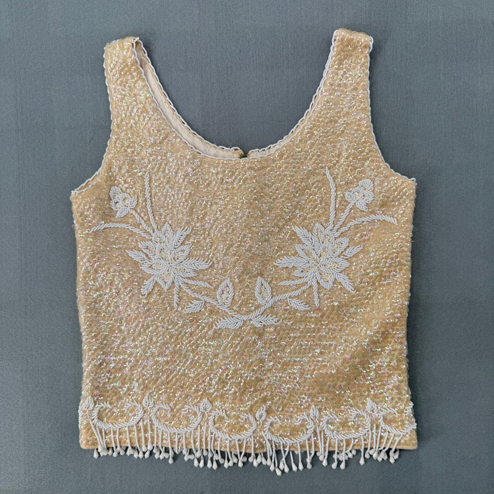 Vintage 60s Marianne Fashions Hand Beaded Sequin Wool Fringe Top S Glam Regency